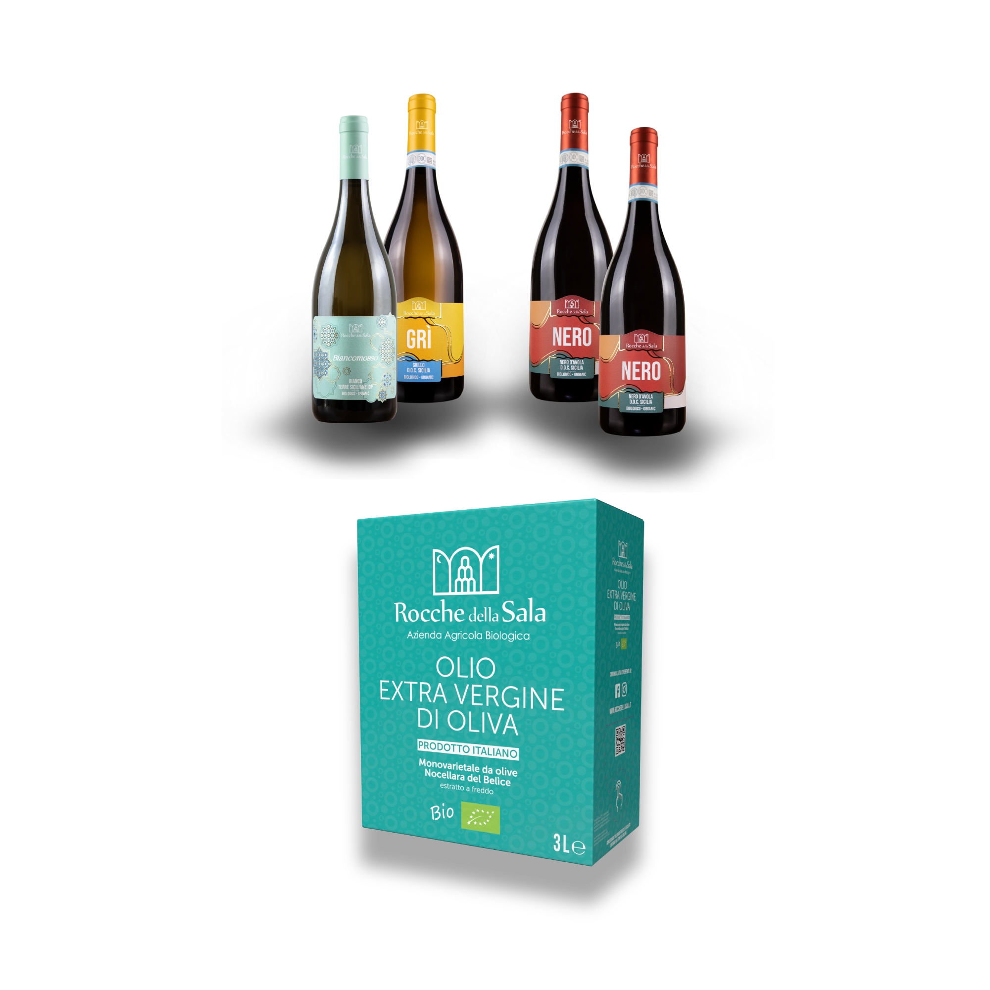 Bag in Box da 3 litri di olio Nocellara del Belice + 4 bottiglie di vino