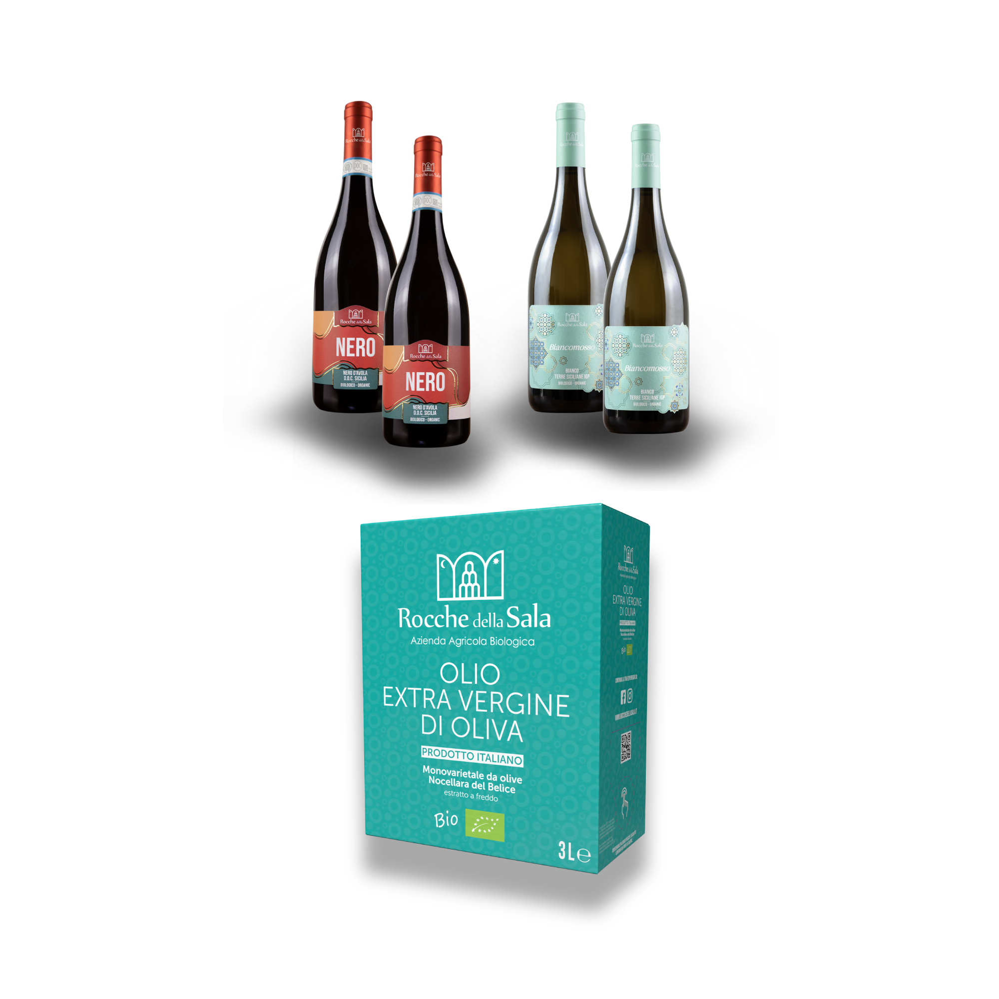 Bag in Box da 3 litri di olio Nocellara del Belice + 4 bottiglie di vino