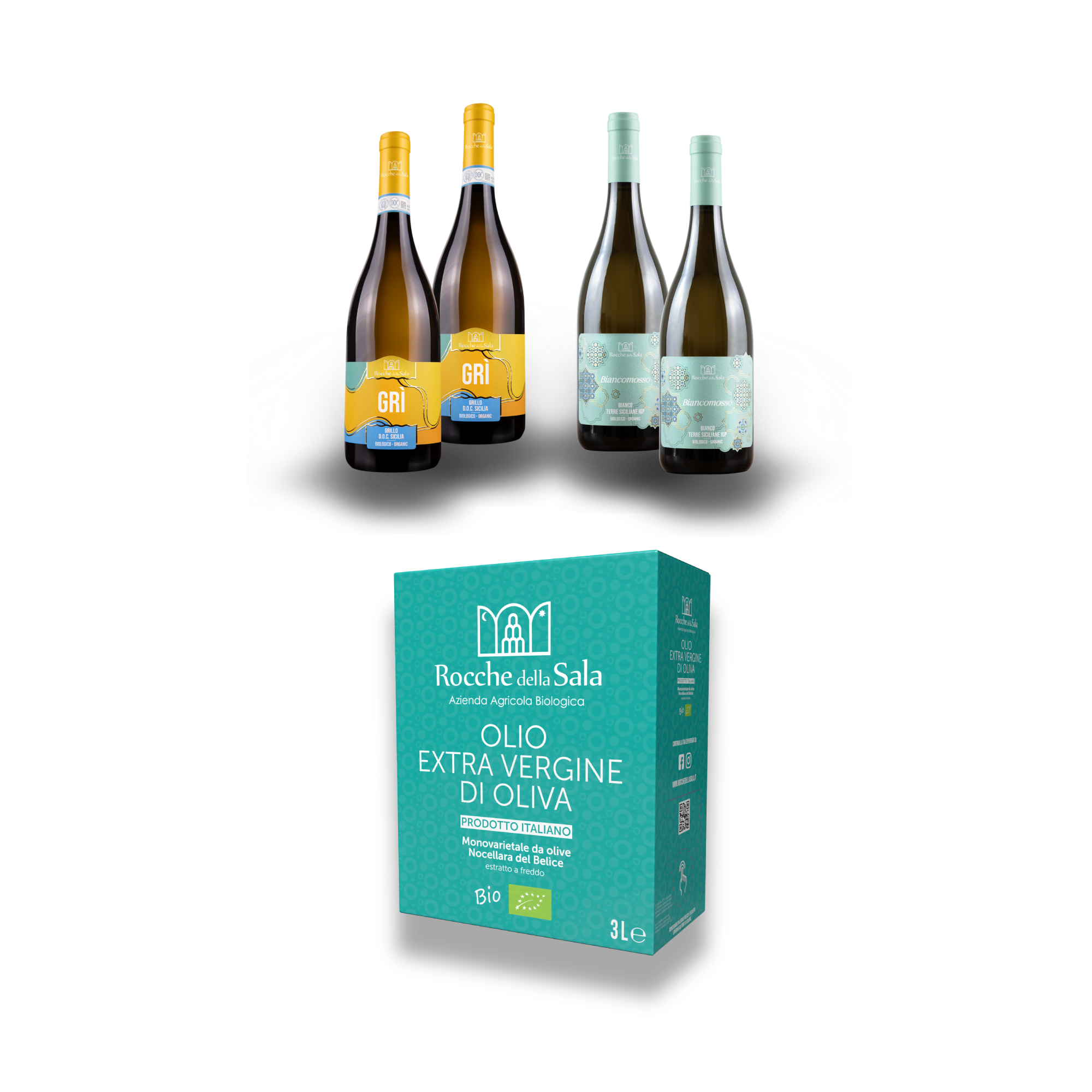 Bag in Box da 3 litri di olio Nocellara del Belice + 4 bottiglie di vino