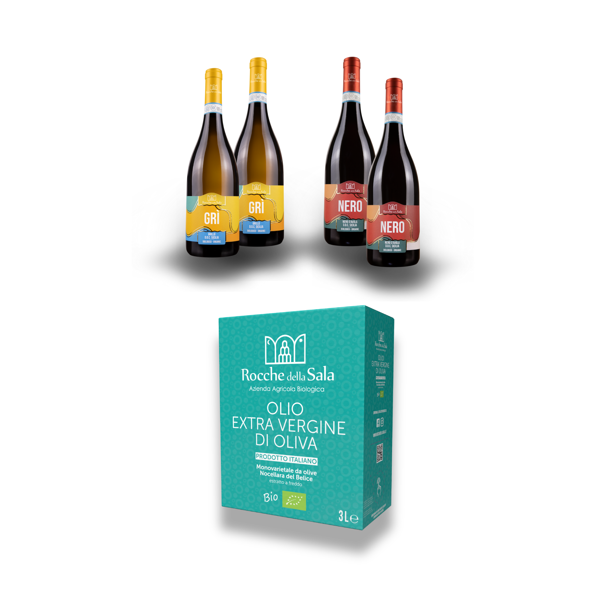 Bag in Box da 3 litri di olio Nocellara del Belice + 4 bottiglie di vino