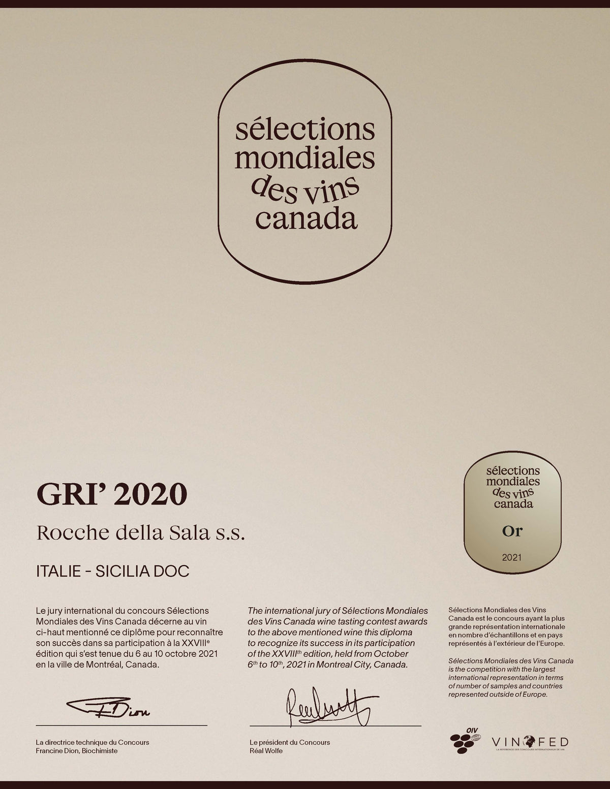 Medaglia Oro SMV Selections mondiales des vins Canada Grì 2020 DOC Sicilia BIO