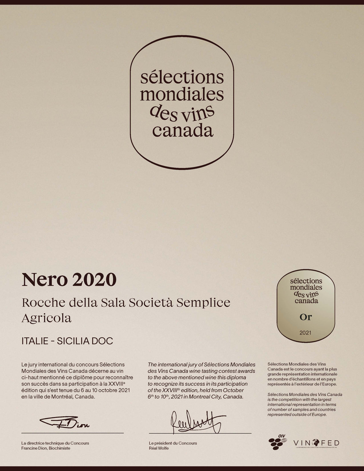 Medaglia Oro SMV Selections mondiales des vins Canada NERO 2020 DOC Sicilia BIO