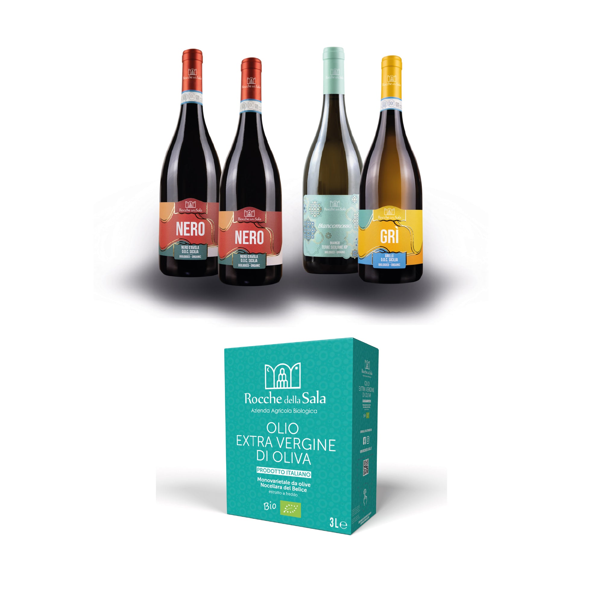 Bag in Box da 3 litri di olio Nocellara del Belice + 4 bottiglie di vino